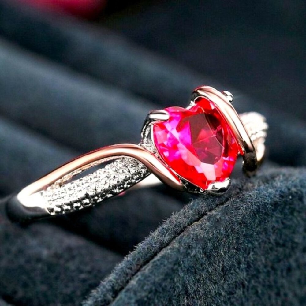 New Beautiful 18K Gold Over 925 Silver Ruby Heart Diamond Ring